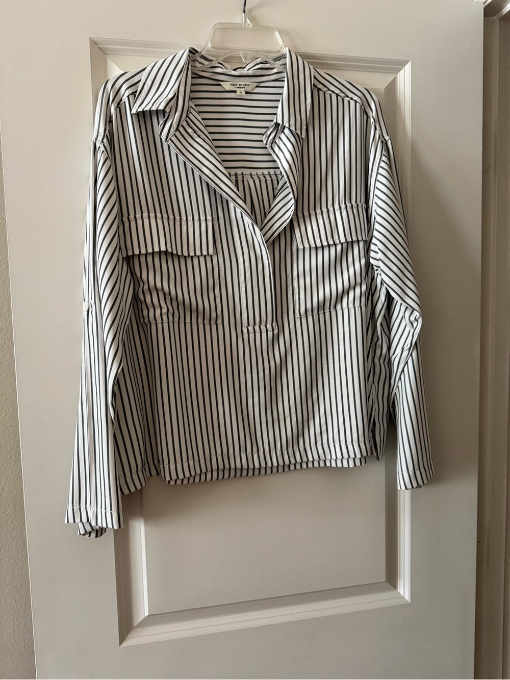 Max Studio White and Black Striped Long Sleeve Button-Front Shirt